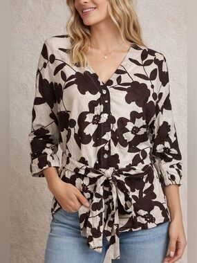 Sherry Taylor Linen Blend Floral Tie Waist Blouse XL Brown Cream Boho Cottage